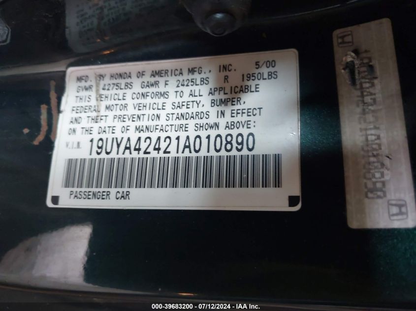 2001 Acura Cl 3.2 VIN: 19UYA42421A010890 Lot: 39683200