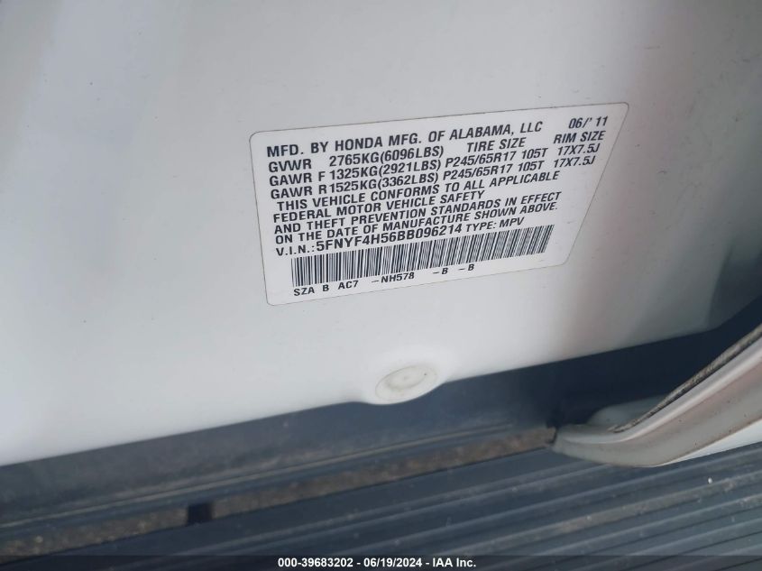 2011 Honda Pilot Ex-L VIN: 5FNYF4H56BB096214 Lot: 39683202