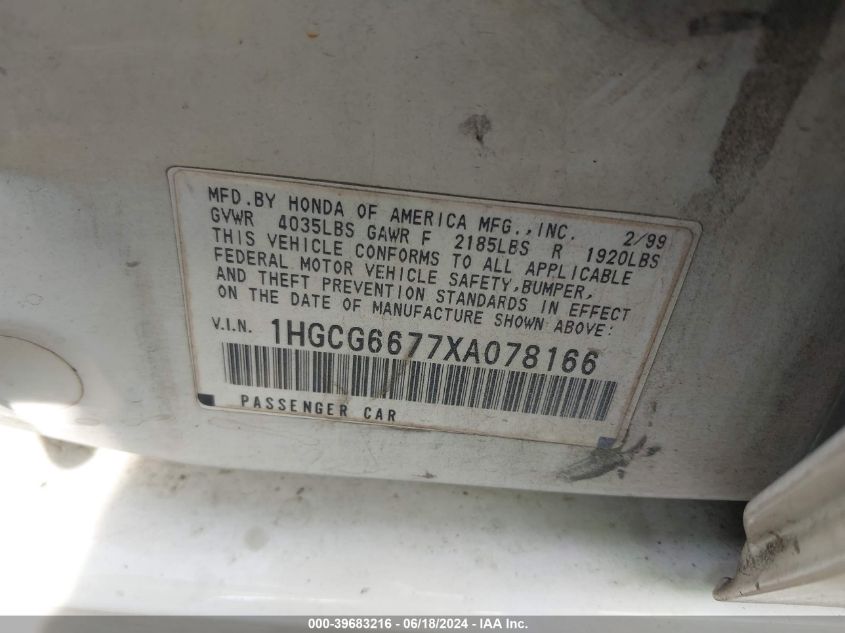 1999 Honda Accord Ex VIN: 1HGCG6677XA078166 Lot: 39683216