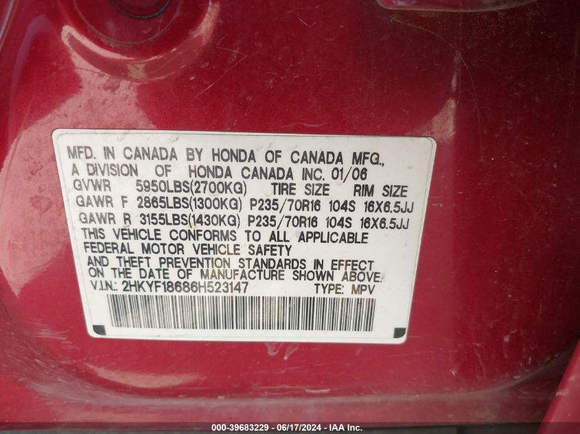 2006 Honda Pilot Ex-L VIN: 2HKYF18686H523147 Lot: 39683229