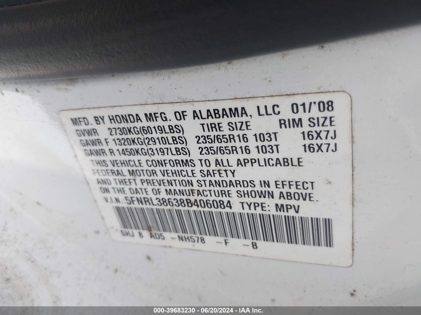 2008 Honda Odyssey Ex-L VIN: 5FNRL38638B406084 Lot: 39683230