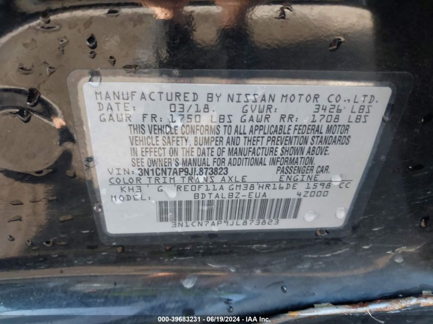 2018 Nissan Versa 1.6 Sv VIN: 3N1CN7AP9JL873823 Lot: 39683231