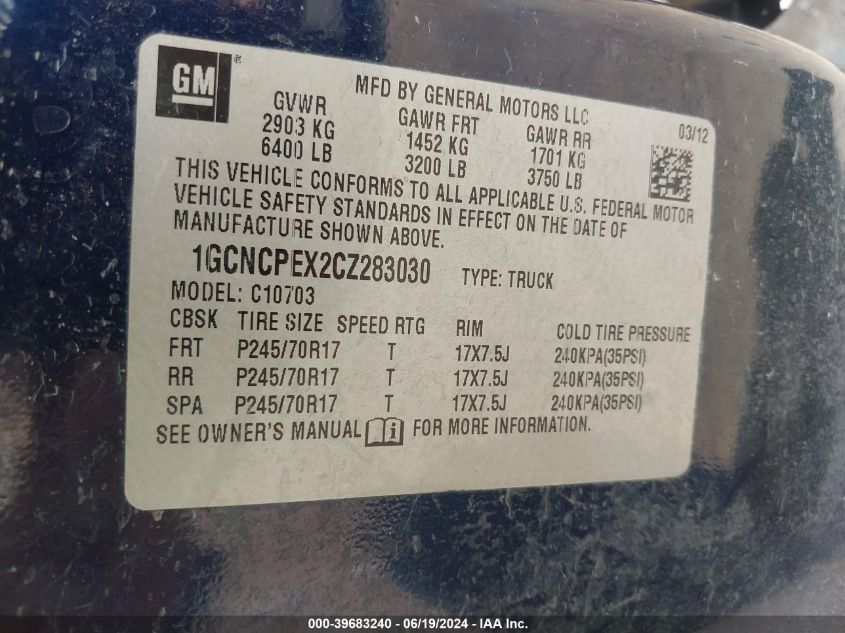 2012 Chevrolet Silverado 1500 Work Truck VIN: 1GCNCPEX2CZ283030 Lot: 39683240