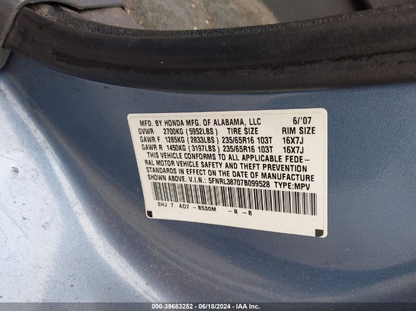 2007 Honda Odyssey Ex-L VIN: 5FNRL38707B099528 Lot: 39683252