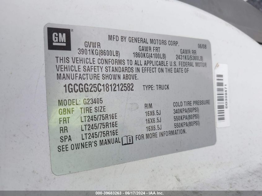 2008 Chevrolet Express Work Van VIN: 1GCGG25C181212582 Lot: 39683263