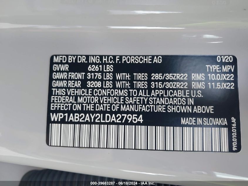 WP1AB2AY2LDA27954 2020 Porsche Cayenne S