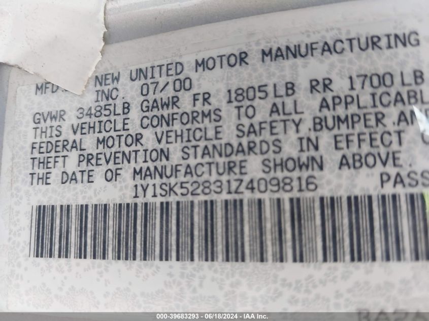 2001 Chevrolet Prizm VIN: 1Y1SK52831Z409816 Lot: 39683293