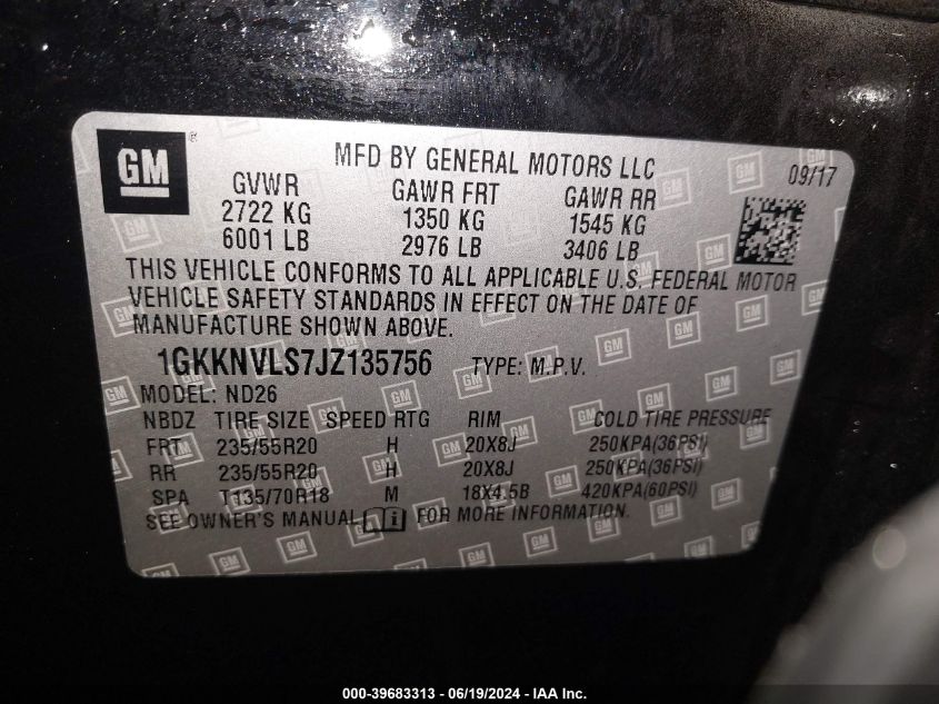 2018 GMC Acadia Slt-1 VIN: 1GKKNVLS7JZ135756 Lot: 39683313