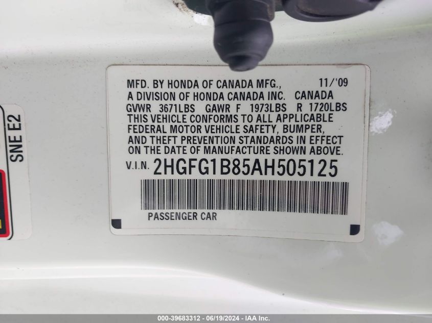 2010 Honda Civic Ex VIN: 2HGFG1B85AH50512 Lot: 39683312