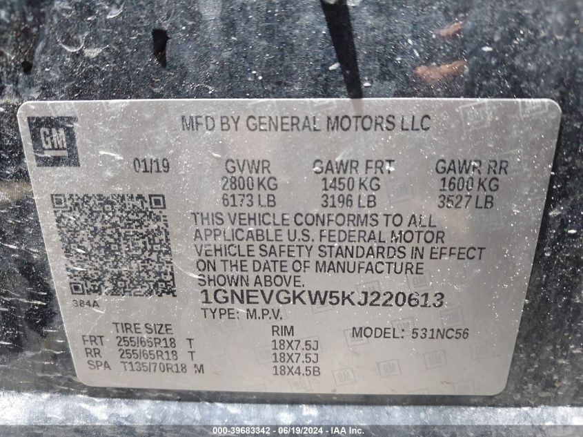 2019 Chevrolet Traverse 1Lt VIN: 1GNEVGKW5KJ220613 Lot: 39683342