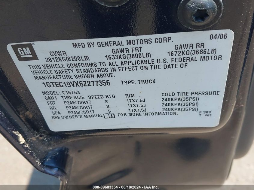 2006 GMC Sierra 1500 Sle1 VIN: 1GTEC19VX6Z277356 Lot: 39683354