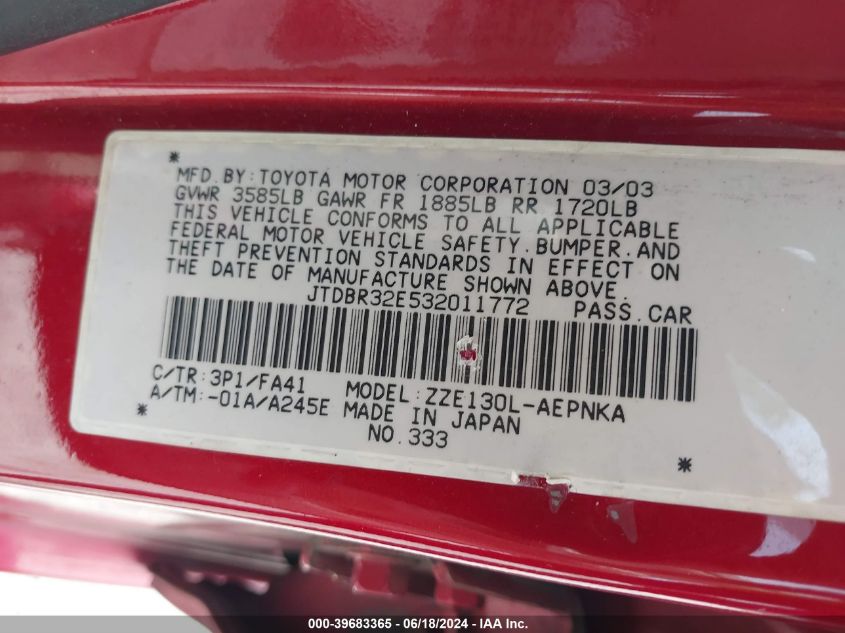 2003 Toyota Corolla Le VIN: JTDBR32E532011772 Lot: 39683365