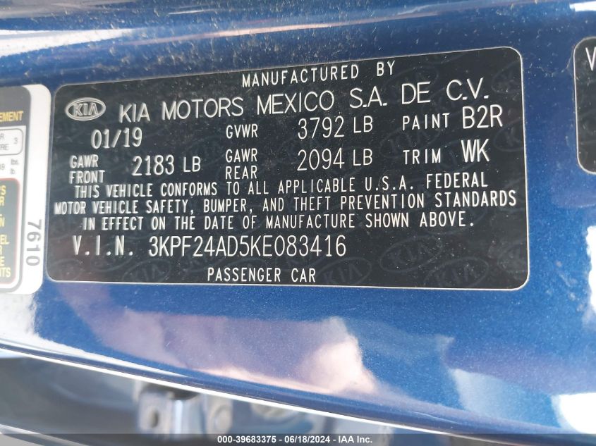 2019 Kia Forte Lxs VIN: 3KPF24AD5KE083416 Lot: 39683375