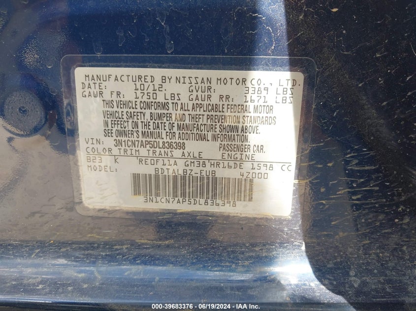 2013 Nissan Versa 1.6 Sv VIN: 3N1CN7AP5DL836398 Lot: 39683376