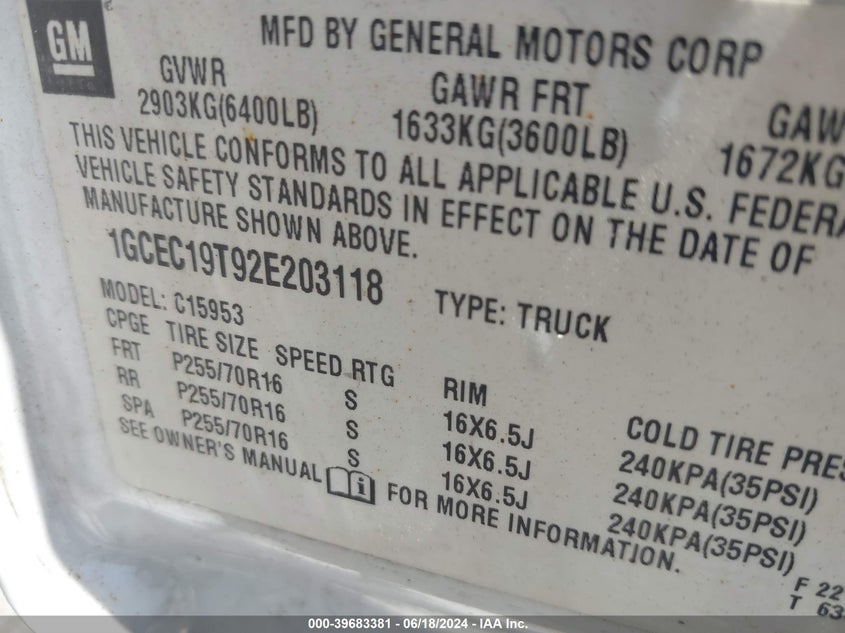 2002 Chevrolet Silverado 1500 VIN: 1GCEC19T92E203118 Lot: 39683381