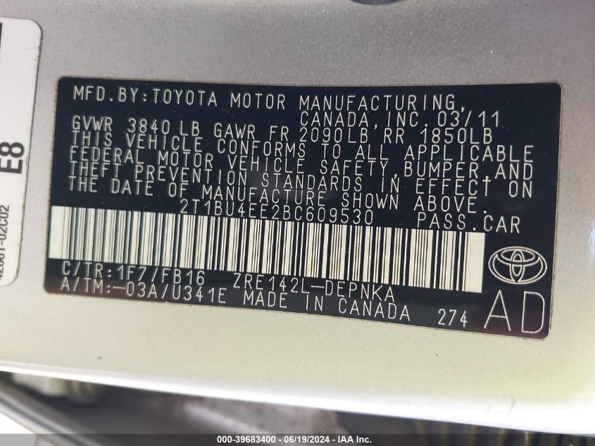 2011 Toyota Corolla Le VIN: 2T1BU4EE2BC609530 Lot: 39683400