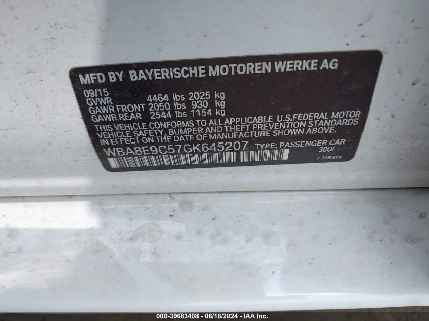 2016 BMW 328I VIN: WBA8E9C57GK645207 Lot: 39683408