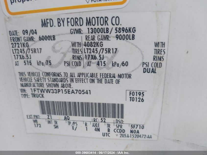 2005 Ford F-350 Lariat/Xl/Xlt VIN: 1FTWW33P15EA70541 Lot: 39683414