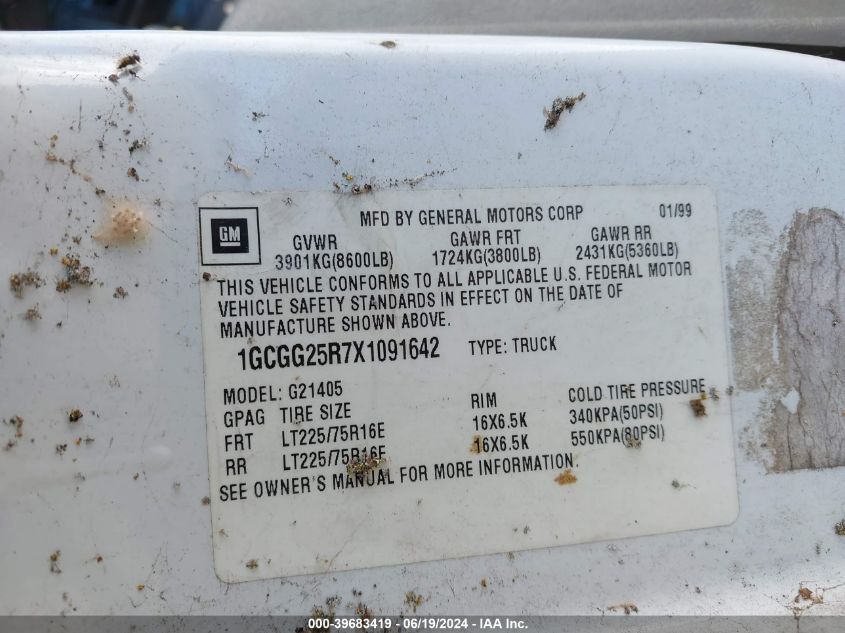 1999 Chevrolet Express VIN: 1GCGG25R7X1091642 Lot: 39683419
