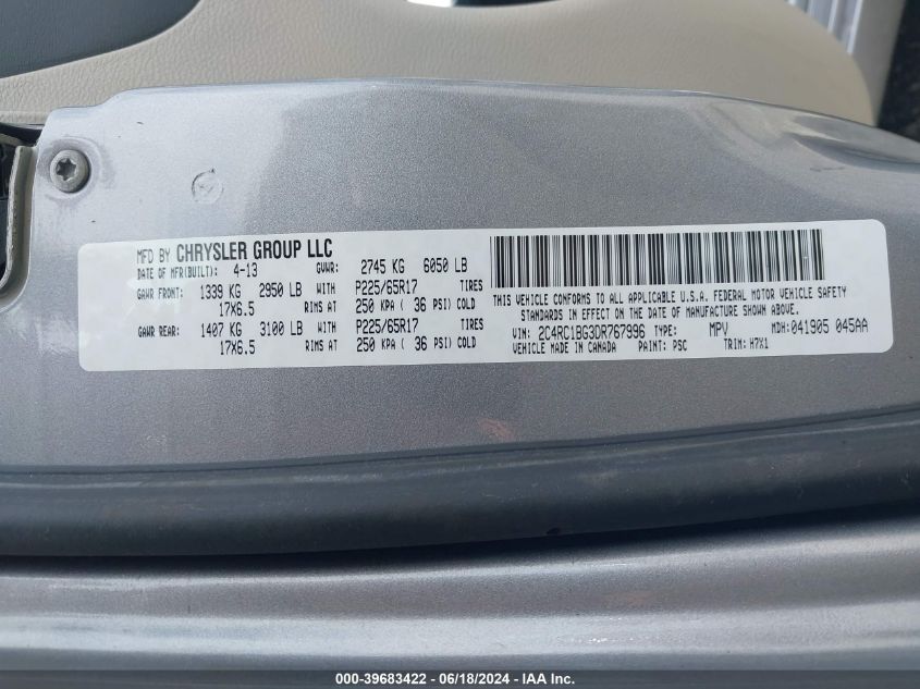 2013 Chrysler Town & Country Touring VIN: 2C4RC1BG3DR767996 Lot: 39683422