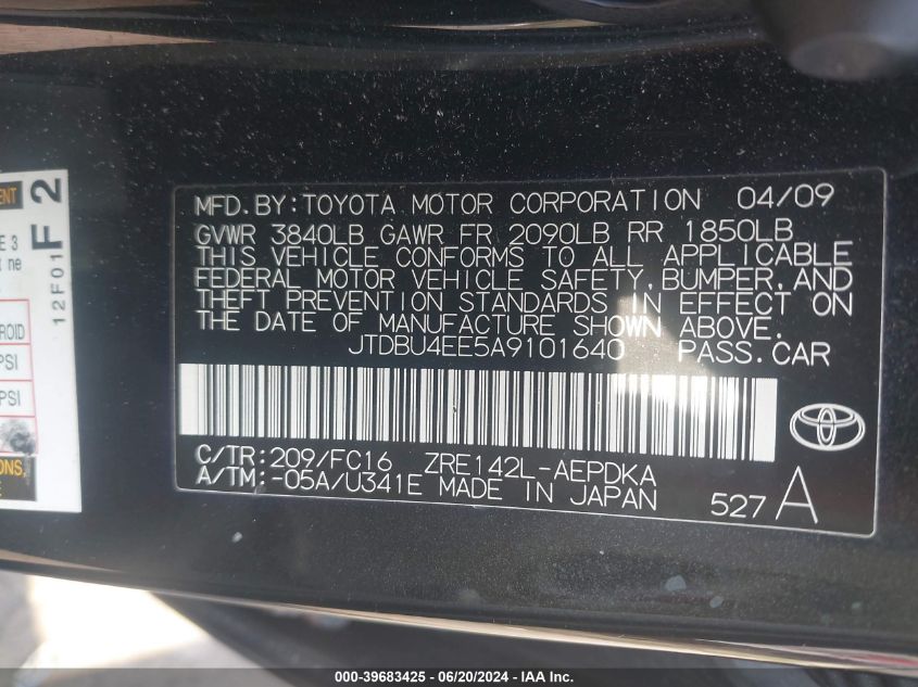 2010 Toyota Corolla Le VIN: JTDBU4EE5A9101640 Lot: 39683425