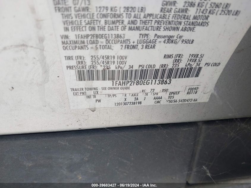 2014 Ford Taurus Limited VIN: 1FAHP2F80EG113863 Lot: 39683427