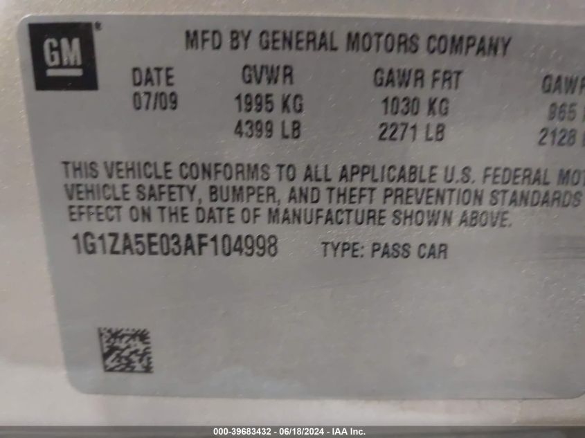 2010 Chevrolet Malibu Ls VIN: 1G1ZA5E03AF104998 Lot: 39683432