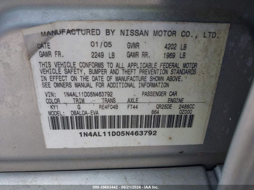 2005 Nissan Altima 2.5 S VIN: 1N4AL11D05N463792 Lot: 39683442