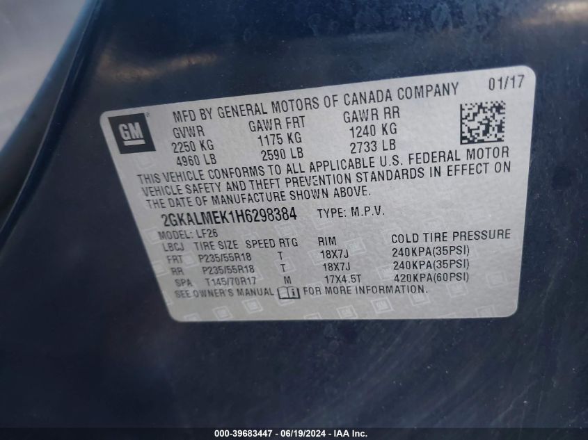 2017 GMC Terrain Sle VIN: 2GKALMEK1H6298384 Lot: 39683447