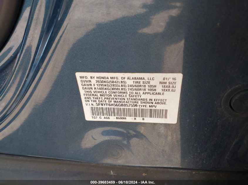 2016 Honda Pilot Ex-L VIN: 5FNYF6H56GB057559 Lot: 39683459