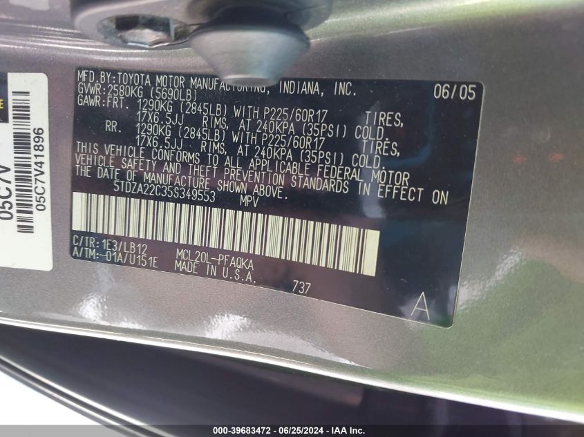 2005 Toyota Sienna Xle VIN: 5TDZA22C35S349553 Lot: 39683472