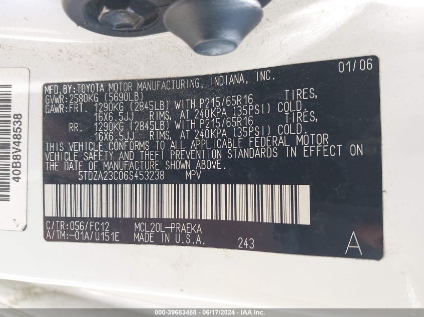 2006 Toyota Sienna Le VIN: 5TDZA23C06S453238 Lot: 39683488