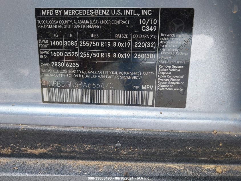 2011 Mercedes-Benz Ml 350 4Matic VIN: 4JGBB8GB6BA666670 Lot: 39683490