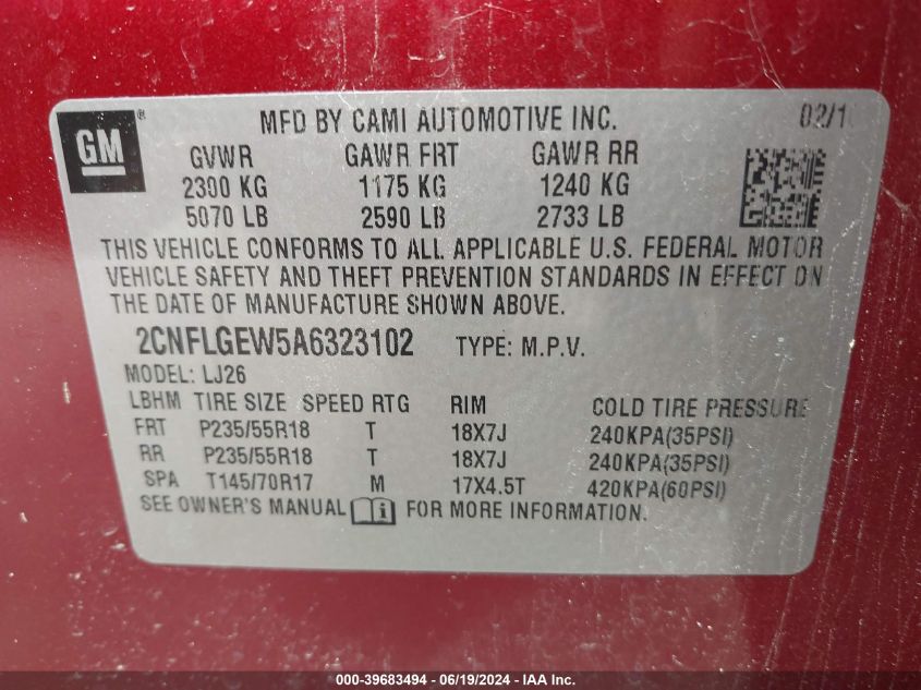 2010 Chevrolet Equinox Ltz VIN: 2CNFLGEW5A6323102 Lot: 39683494