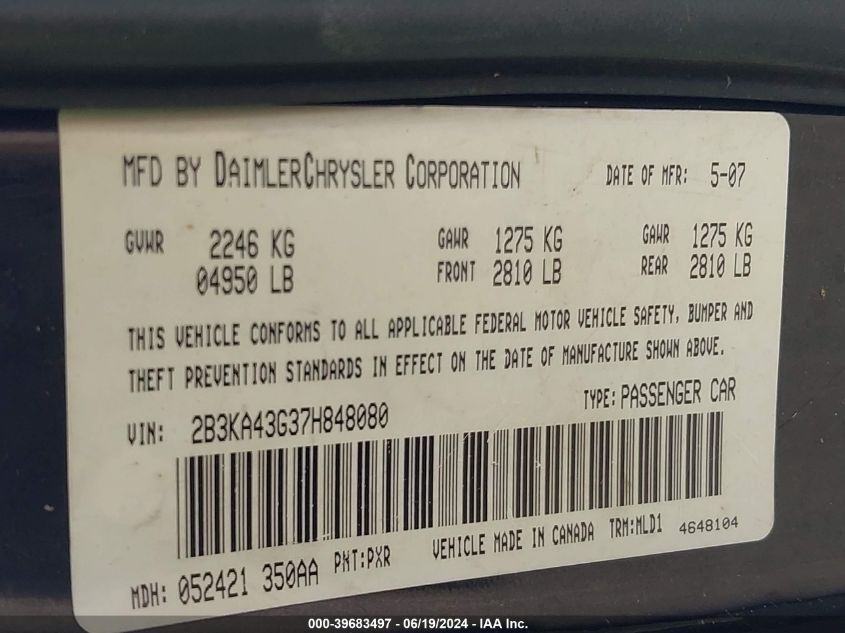 2007 Dodge Charger VIN: 2B3KA43G37H848080 Lot: 39683497
