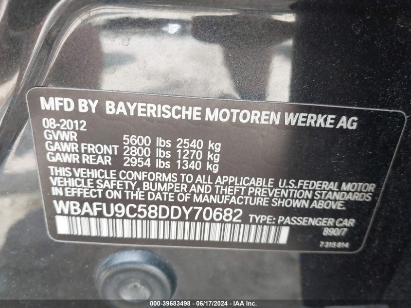 2013 BMW 550I xDrive VIN: WBAFU9C58DDY70682 Lot: 39683498