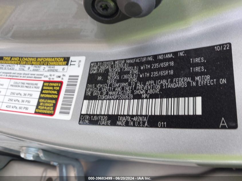 2023 Toyota Highlander L/Le/Xle/Limited/Platinum VIN: 5TDKDRAH0PS500639 Lot: 39683499