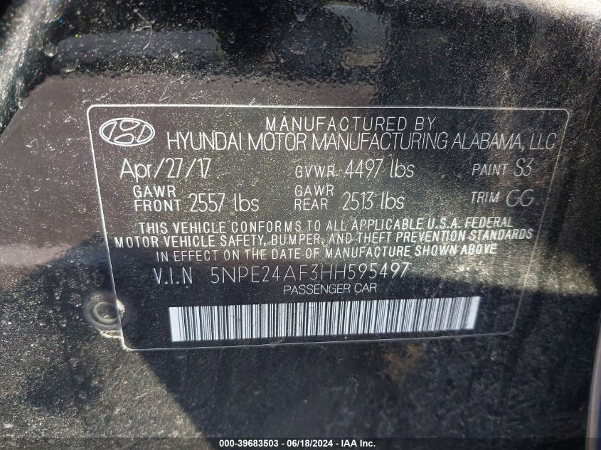 2017 Hyundai Sonata Se VIN: 5NPE24AF3HH595497 Lot: 39683503