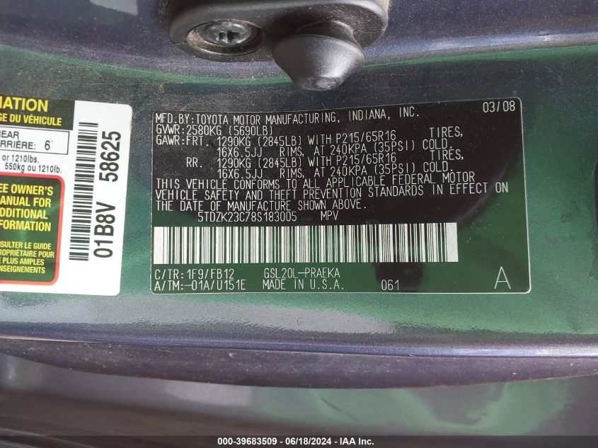 2008 Toyota Sienna Ce VIN: 5TDZK23C78S183005 Lot: 39683509