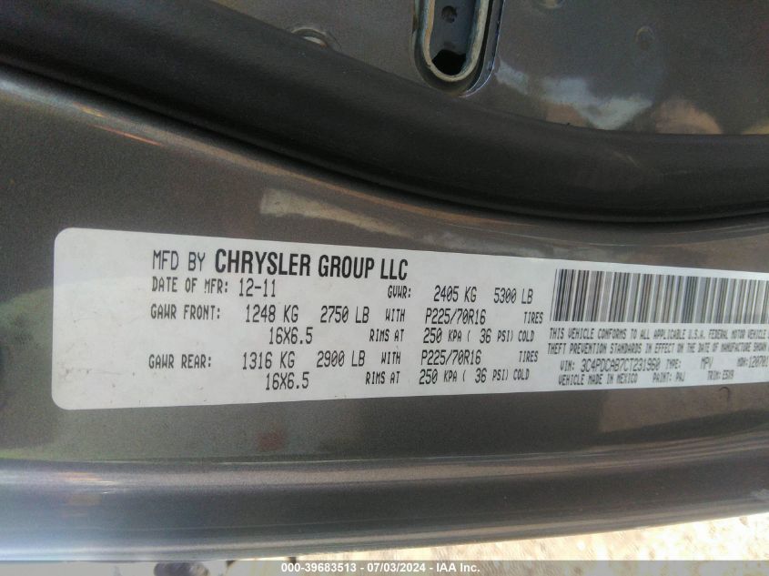 2012 Dodge Journey Se/Avp VIN: 3C4PDCAB7CT231960 Lot: 39683513