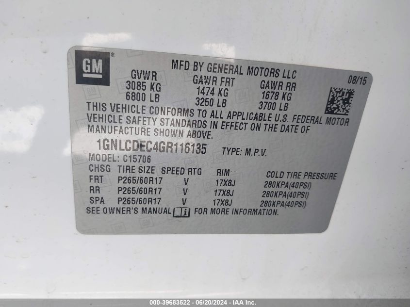 2016 Chevrolet Tahoe Police VIN: 1GNLCDEC4GR116135 Lot: 39683522