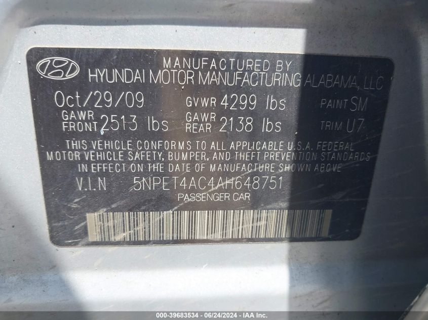 5NPET4AC4AH648751 2010 Hyundai Sonata Gls