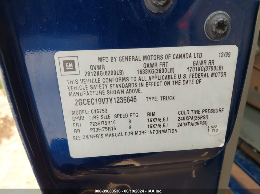 2000 Chevrolet Silverado 1500 Ls VIN: 2GCEC19V7Y1236646 Lot: 39683536