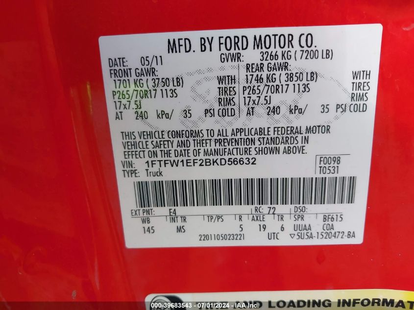 2011 Ford F-150 Xlt VIN: 1FTFW1EF2BKD56632 Lot: 39683543