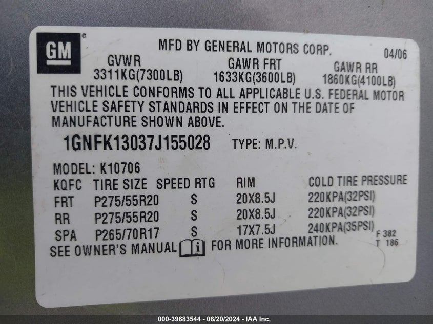 2007 Chevrolet Tahoe Ltz VIN: 1GNFK13037J155028 Lot: 39683544