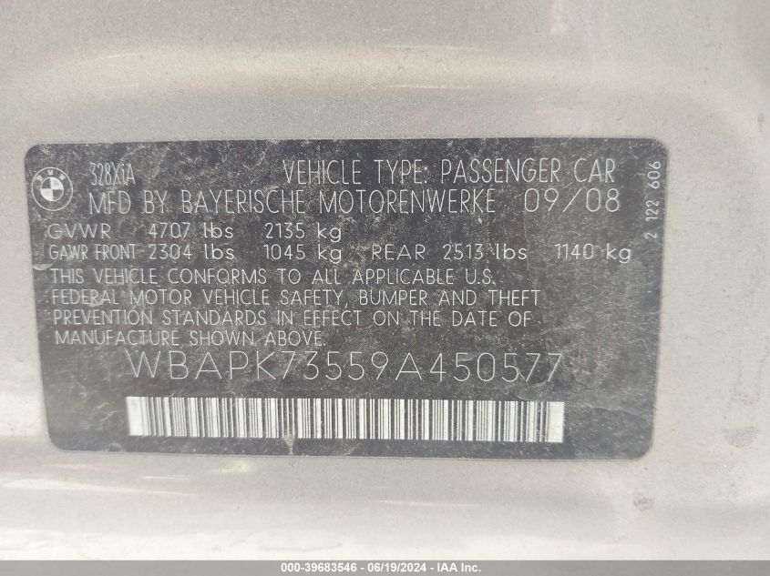 2009 BMW 328I xDrive VIN: WBAPK73559A450577 Lot: 39683546