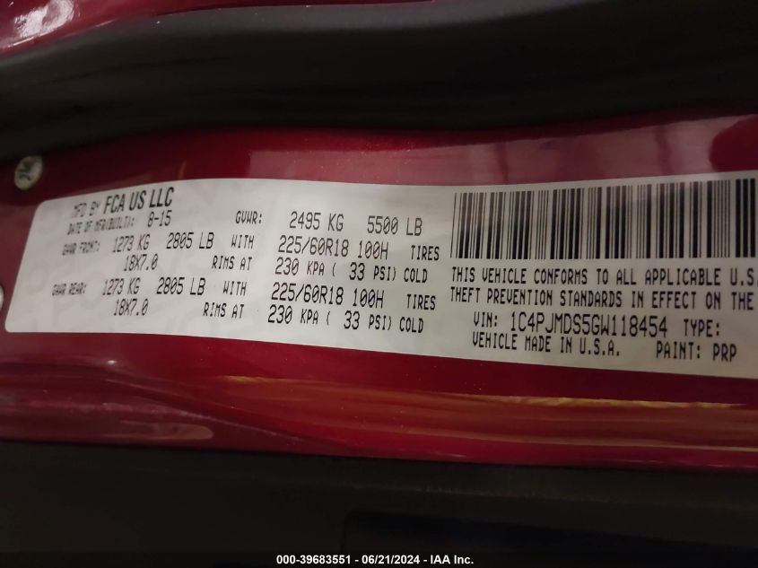 2016 Jeep Cherokee Limited VIN: 1C4PJMDS5GW118454 Lot: 39683551