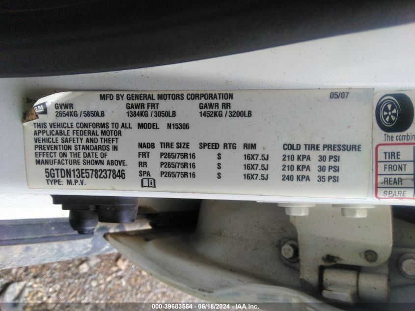 2007 Hummer H3 Suv VIN: 5GTDN13E578237846 Lot: 39683554