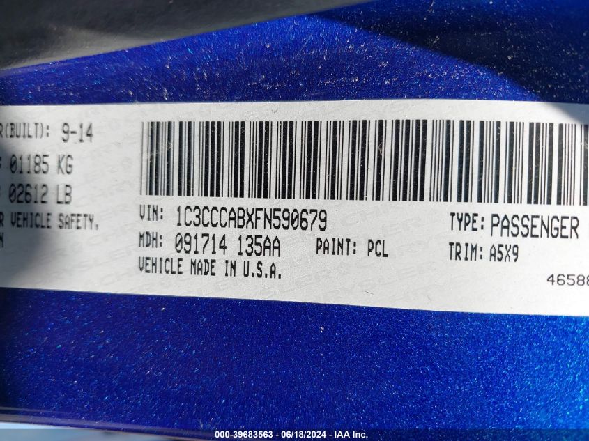 2015 Chrysler 200 Limited VIN: 1C3CCCABXFN590679 Lot: 39683563