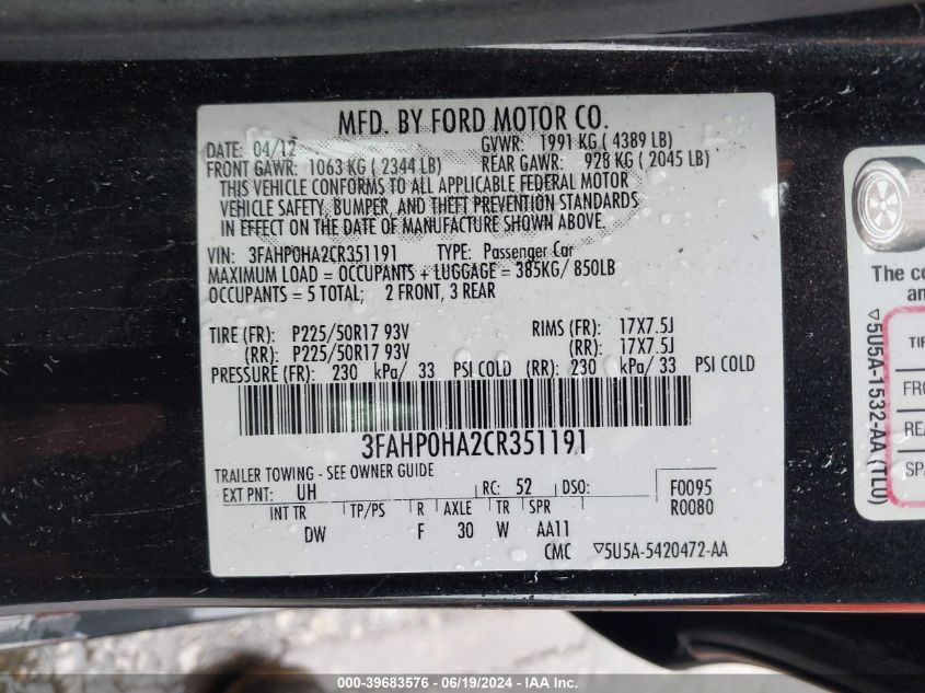 2012 Ford Fusion Se VIN: 3FAHP0HA2CR351191 Lot: 39683576